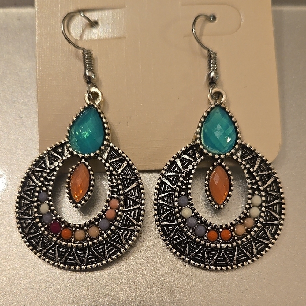 Silver and Blue Teardrop Earrings with Filigree Design